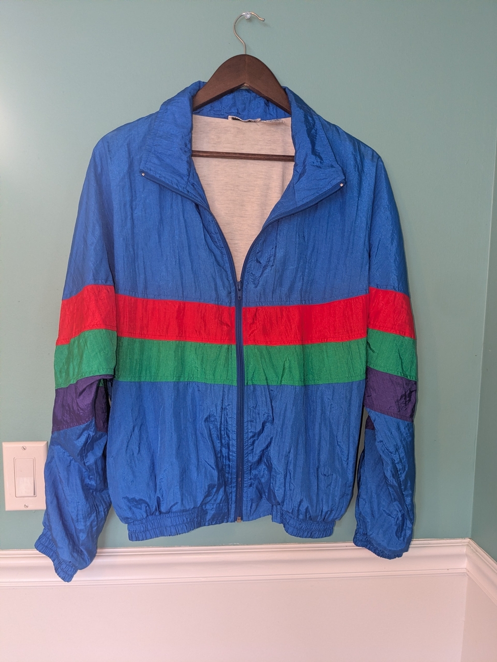 Vintage 80s Trendlines Colorblock Nylon Windbreaker Jacket Blue Striped, Large